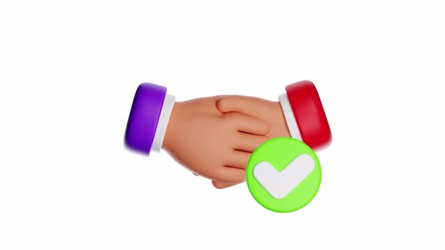 3d looping ui icon two cartoon hands shake with a green checkmark indicating agreement, suitable for business and partnership concepts in design and presentations.