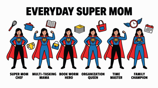 Illustration of six superhero moms, each representing a different role like Super Mom Chef, Multi-Tasking Mama, Book Worm Hero, Organization Queen, Time Master, and Family Champion.