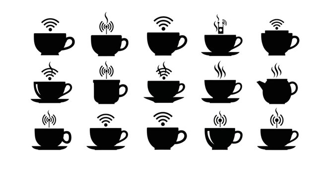 Coffee cup icons with wifi and radio wave signals set. Black silhouette mug collection for internet cafe bistro workspace connectivity technology hot beverage
