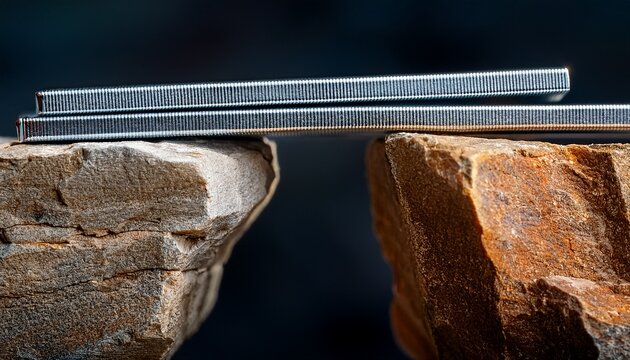 metal staples bridging two stone cliffs in a conceptual business solution macro style