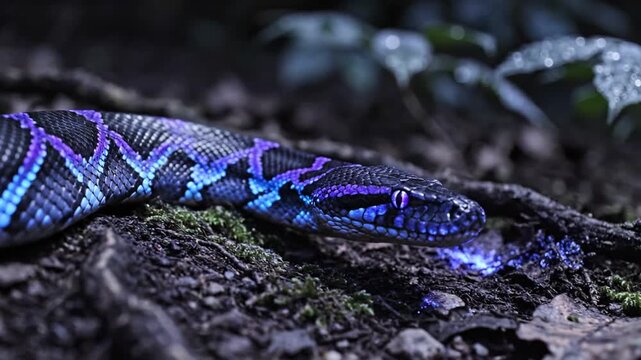 Glowing blue and purple snake slithering through dark forest