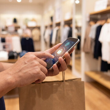 Hand holding smartphone with fingerprint lock in clothing store