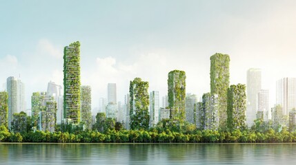 Fototapeta premium Modern eco city with buildings covered in greenery, bright daylight, clean air atmosphere, sustainable urban concept, large space, ultra realistic