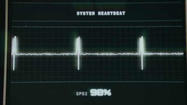 UI with monitor combining biological data with computer terminology, waveform visualization and system heartbeat data