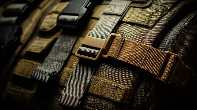molle system tactical gear straps attachments close up utility design nylon texture realistic lighting field equipment detail