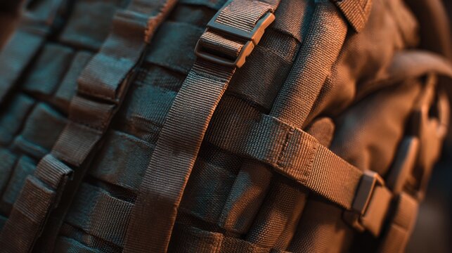 molle system tactical gear straps attachments close up utility design nylon texture realistic lighting field equipment detail