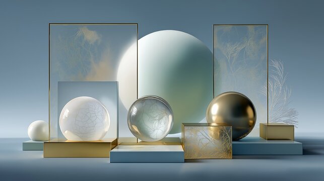 Ai-generated image of a composition of round and rectangular objects and shapes in pastel blue and gold
