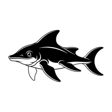 Black and white vector illustration of a prehistoric ichthyosaur swimming underwater.