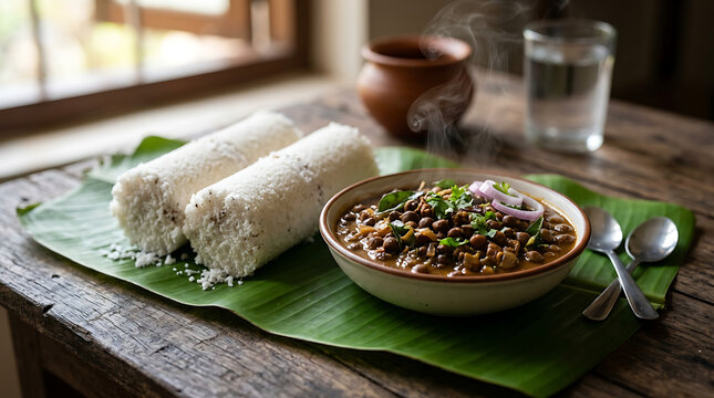 Steaming Hot Puttu and Kadala Curry Served on Banana Leaf with Water and Clay Pot
