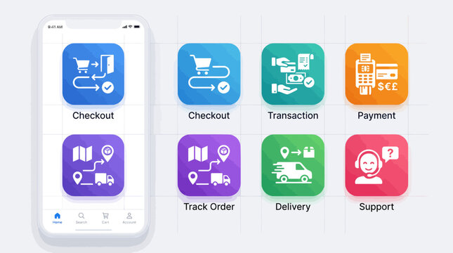 Ecommerce user interface icon set displays checkout flow on mobile
