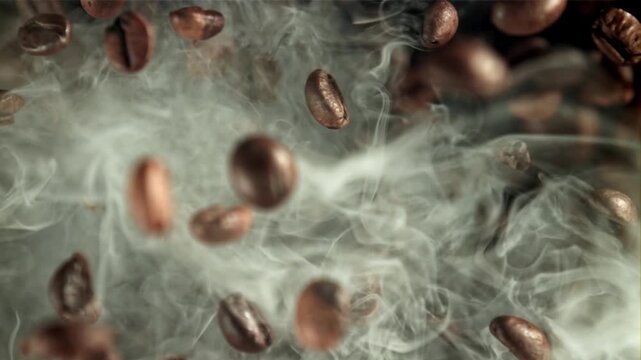 Ultra Slow Motion Roasted Coffee Beans Flying in Air, High-Speed Camera Capture, Dark Background Cinematic