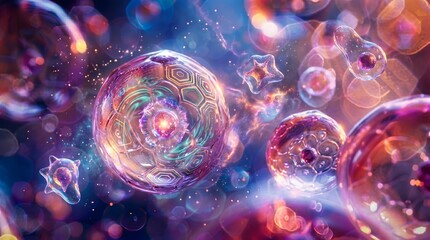 Naklejka premium Vibrant, glowing orbs, iridescent bubbles, colorful abstract, psychedelic background, shimmering lights