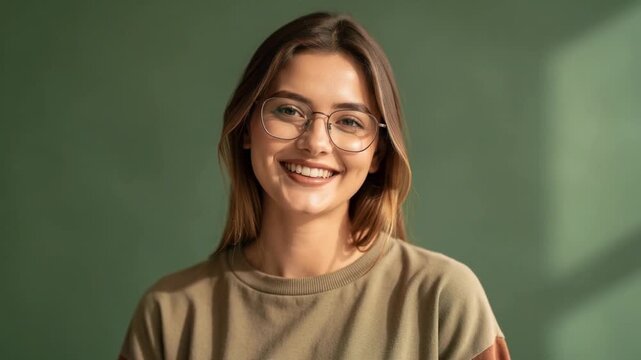 Young woman with glasses smiling warmly against a muted green background lifestyle portrait
