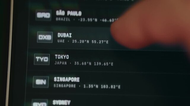 Person views a list of various global locations with their respective IATA airport codes, country names and geographical coordinates