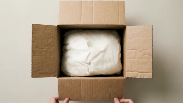 Top view of hands opening a cardboard parcel box with white wrapping paper inside for e-commerce unboxing concept and delivery service promotion