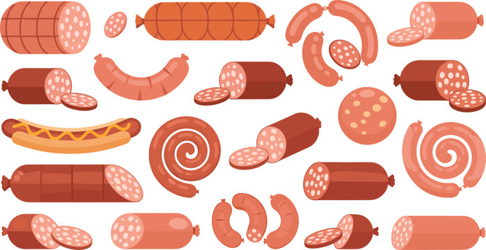 Sausage and Salami Meat Product Vector Icon Set with Sliced Sausages, Hot Dog, and Deli Cuts for Food, Menu, and Market Designs