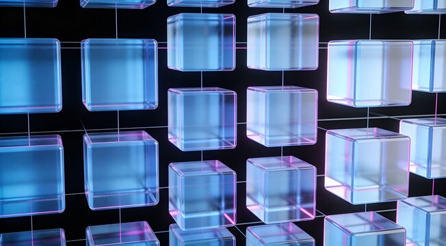 Enterprise systems background with transparent modular grid, blue illuminated rectangular modules and balanced copy space for cloud infrastructure, software architecture and platform visuals