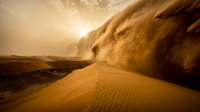 Vast desert landscape with giant sand waves rolling over dunes under a hazy sun