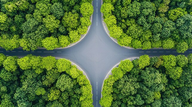 Aerial view of traffic intersection surrounded by lush green forests nature photography birds eye perspective