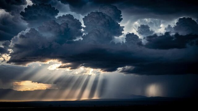 Dramatic storm with sun rays breaking through thick dark clouds over landscape