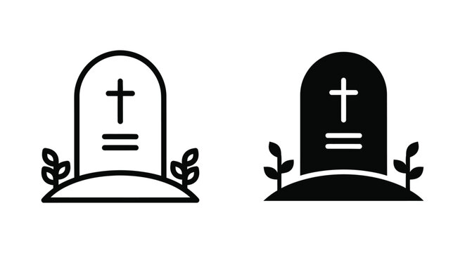 Grave marker headstone icons with cross for cemetery and funeral themes