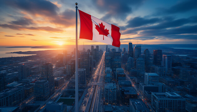 Majestic Canadian flag waving high over a vibrant urban cityscape at dramatic golden hour dusk