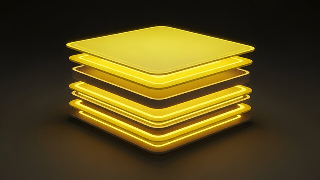 stack of glowing golden business cards with neon edge lighting on black background