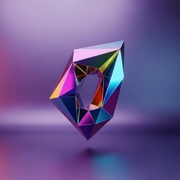 Abstract Iridescent Geometric Crystal Shape Floating in Purple Space.
