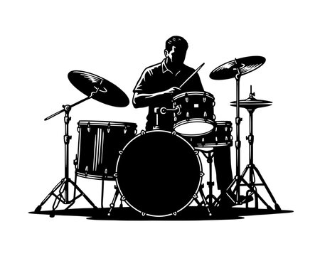 Drummer Playing Full Drum Kit Stencil Illustration