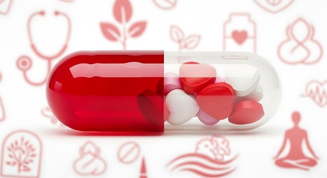 Red capsule and pills with health icons background