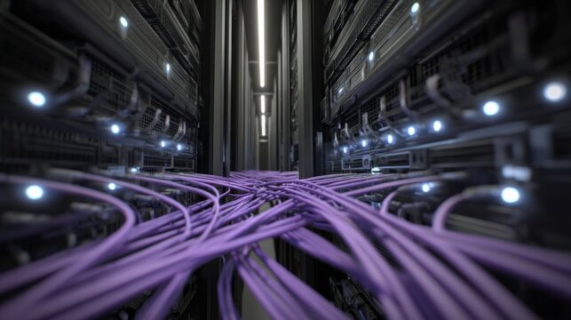 server rack cables patch cords led lights data center depth perspective realism