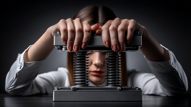 Female Hands Pressing Down on Springloaded Device for Effective Operation