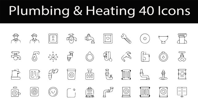 Plumbing and Heating Icons Set: A comprehensive collection of plumbing and heating icons presented against a clean backdrop, featuring a diverse range of elements for both systems