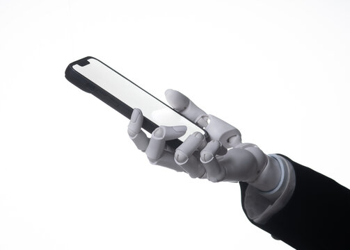 Robotic hand in business suit holding smartphone with blank white screen isolated