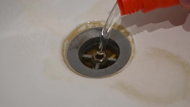 pouring cleaning agent for bathtub and sink into drain hole, transparent liquid in orange bottle, plumbing repair, removal of blockages