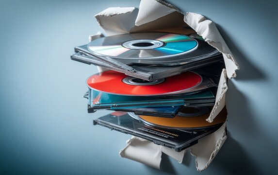 Stack of Compact Discs Breaking Through a Torn Wall in Light Grey Background