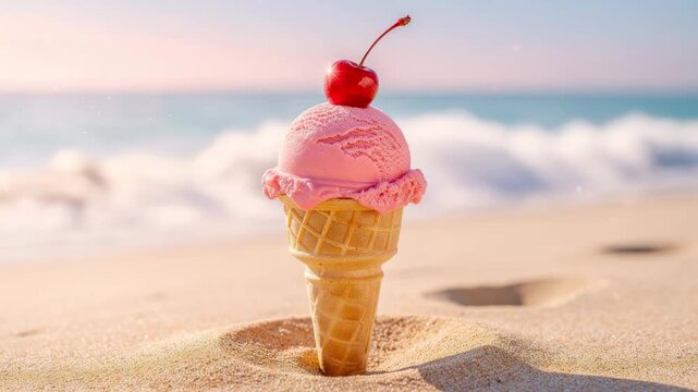 Bright pink ice cream cone with cherry on top glistening in the sun summer dessert treat