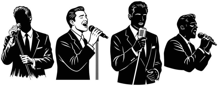 Retro Male Singers in Suits Silhouette Illustration Set