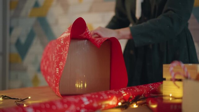 Red Christmas present wrapped on wooden table, woman folding glossy paper around box, string lights and candle creating warm bokeh, scissors and ribbon nearby, cozy holiday craft scene