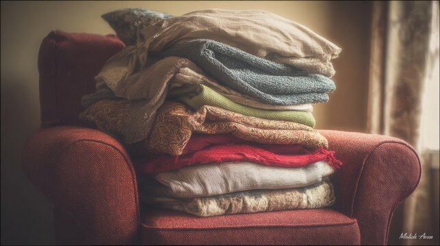 stacked pillows blankets armchair cozy textile layers warm tones soft light home comfort