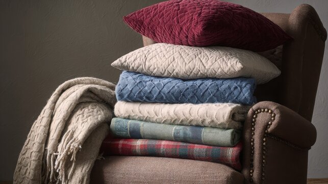 stacked pillows blankets armchair cozy textile layers warm tones soft light home comfort