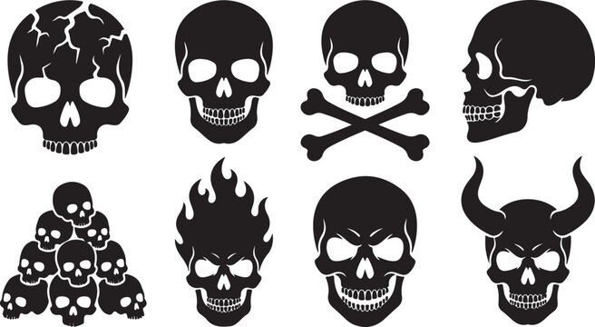 Black skulls, evil skull icons, devil horns, crossbones, cracked skulls, vector set