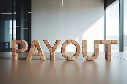 A wooden block arrangement spelling out the word PAYOUT on a modern office floor