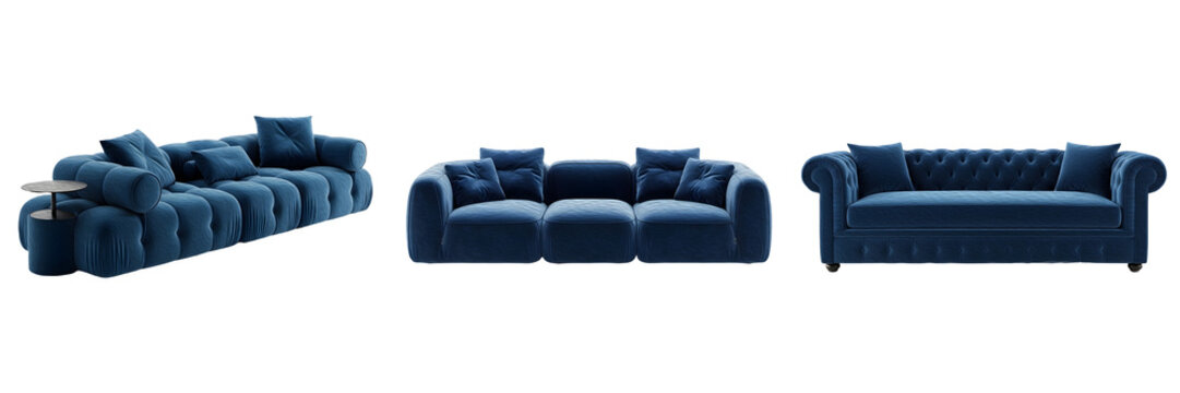 set of blue velvet modular or traditional sofas on withe background PNG photo
