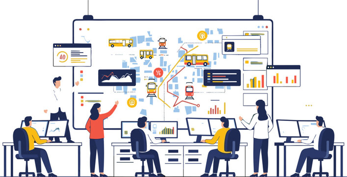 Smart city transportation monitoring and traffic analytics flat vector illustration for urban mobility and data management