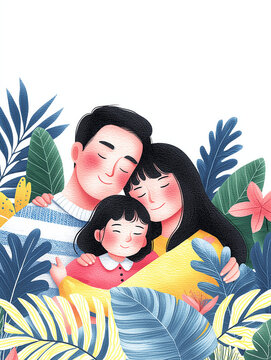 Happy family of three hugging surrounded by tropical plants and flowers