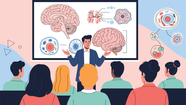 Professional speaker giving a lecture about the human brain and biology to a group of students in a classroom or seminar hall.