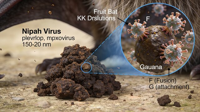 Simulated pile of bat guano (droppings) with a cross-section or overlay revealing nipah virus particles, representing zoonotic disease transmission and public health risk