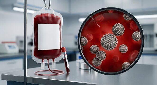 Blood donation bag with a magnifying glass or microscope view revealing chikungunya virus particles, representing blood screening and vector-borne disease detection