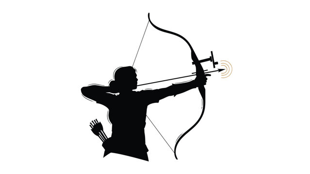 Black silhouette of a female archer aiming her bow and arrow at a target with precision and focus against a clean white background.